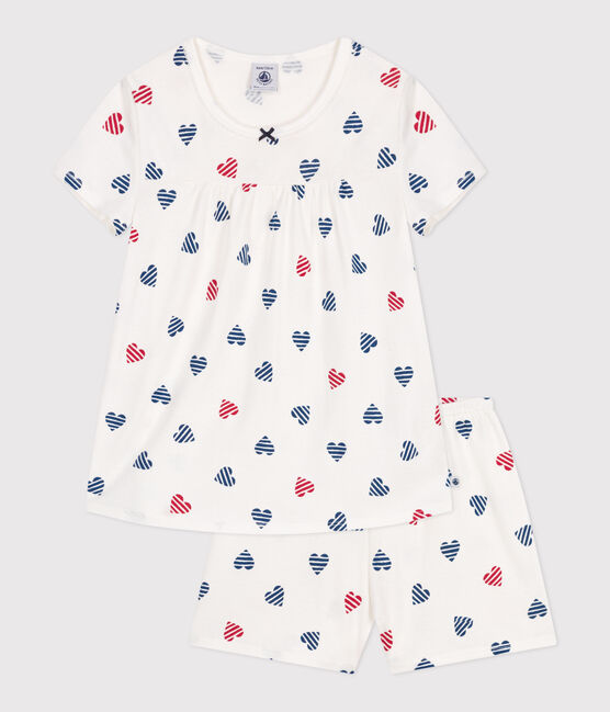 Pyjama short enfant en coton imprimé cœurs blanc MARSHMALLOW/blanc MULTICO