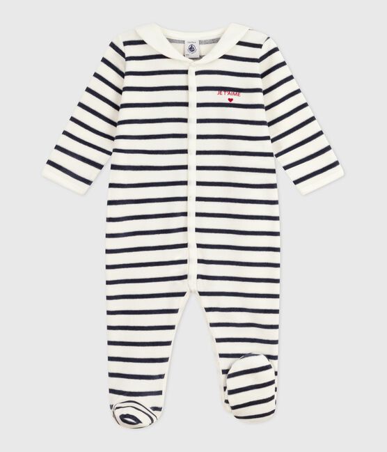 Pyjama bébé en velours imprimé à rayures blanc MARSHMALLOW/bleu SMOKING