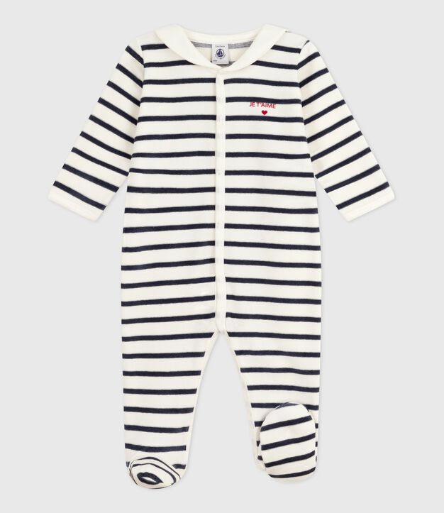 Pyjama b&eacute;b&eacute; mixte en velours imprim&eacute; &agrave; rayures blanc/bleu