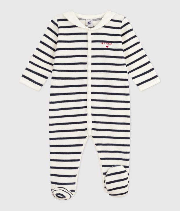 Pyjama b&eacute;b&eacute; en velours imprim&eacute; &agrave; rayures blanc/bleu