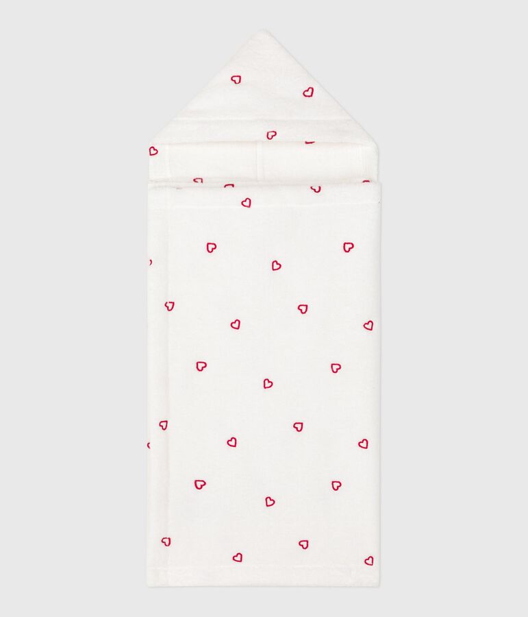 Cape de bain b&eacute;b&eacute; c&oelig;urs brod&eacute;s en &eacute;ponge blanc MARSHMALLOW/rose CHARME