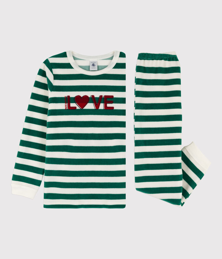 Pyjama  ray&eacute; en velours enfant vert/blanc