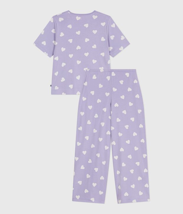 Pyjama femme en coton manches courtes jambes larges imprim&eacute; c&oelig;urs violet/blanc