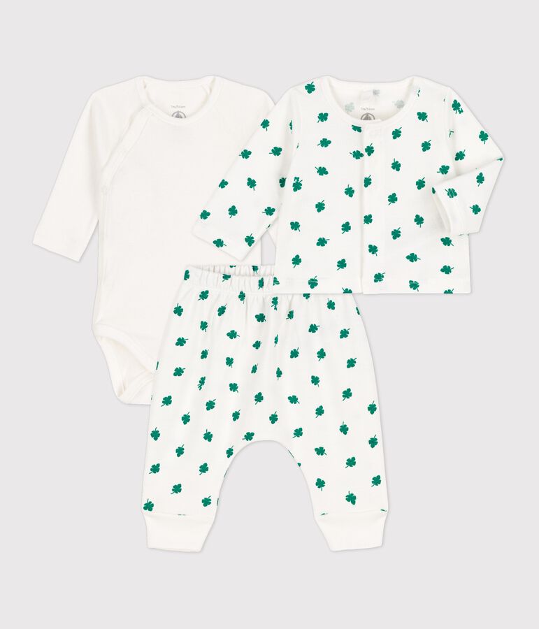 Ensemble 3 pi&egrave;ces b&eacute;b&eacute; imprim&eacute; v&eacute;g&eacute;tal en molleton bio blanc MARSHMALLOW/vert GAZON