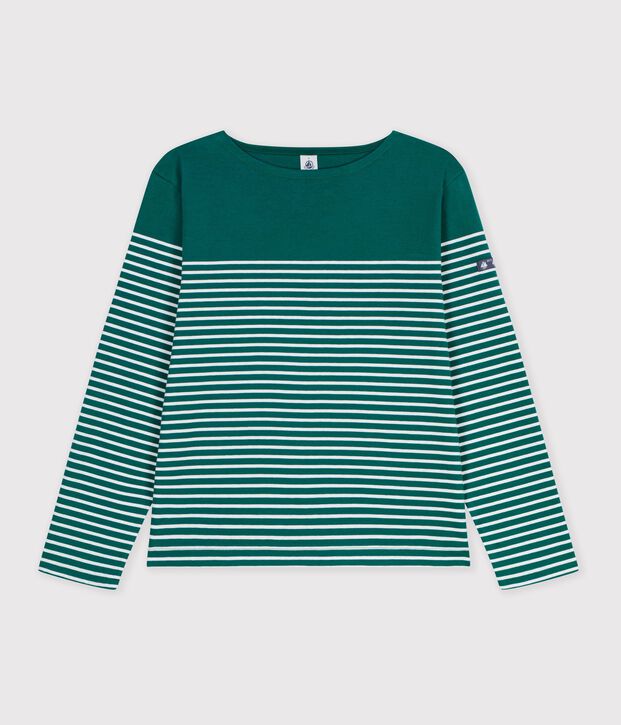 Tee-shirt marini&egrave;re femme en coton vert/blanc