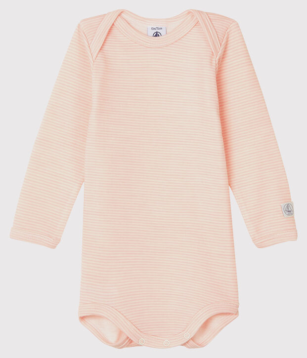Body manches longues &agrave; rayures b&eacute;b&eacute; en laine et coton rose/blanc