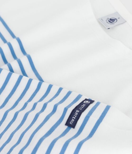 Teeshirt marinière femme en coton manches longues blanc MARSHMALLOW/bleu ALASKA