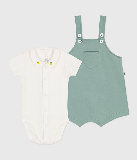 Ensemble naissance salopette et body brodé en coton uni vert PAUL