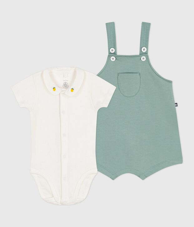 Ensemble naissance salopette et body brod&eacute; en coton uni vert