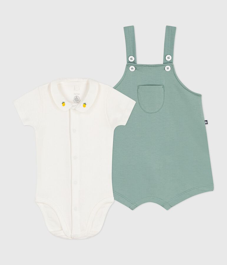 Ensemble naissance salopette et body brod&eacute; en coton uni vert PAUL