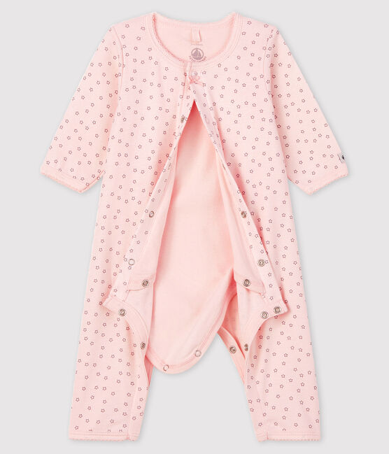 Bodyjama sans pieds petites étoiles bébé fille en coton biologique rose FLEUR/gris CONCRETE