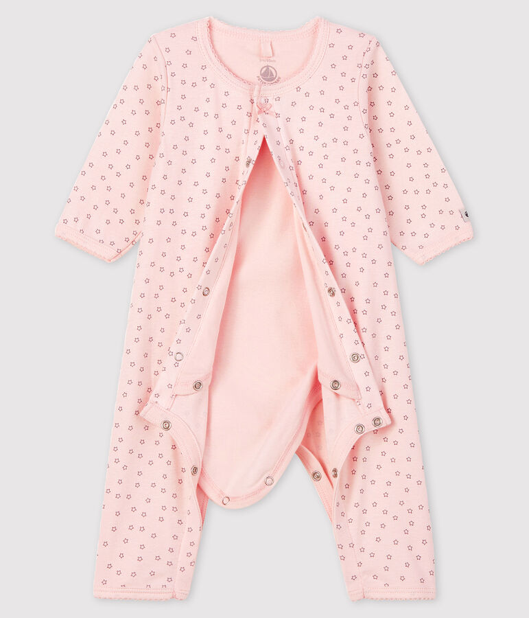 Bodyjama sans pieds petites &eacute;toiles b&eacute;b&eacute; fille en coton biologique rose/gris