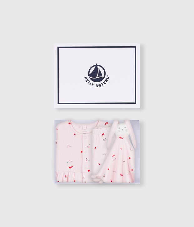 Ensemble cadeau b&eacute;b&eacute; robe et doudou en coton imprim&eacute;s fleurs rose/multicouleur