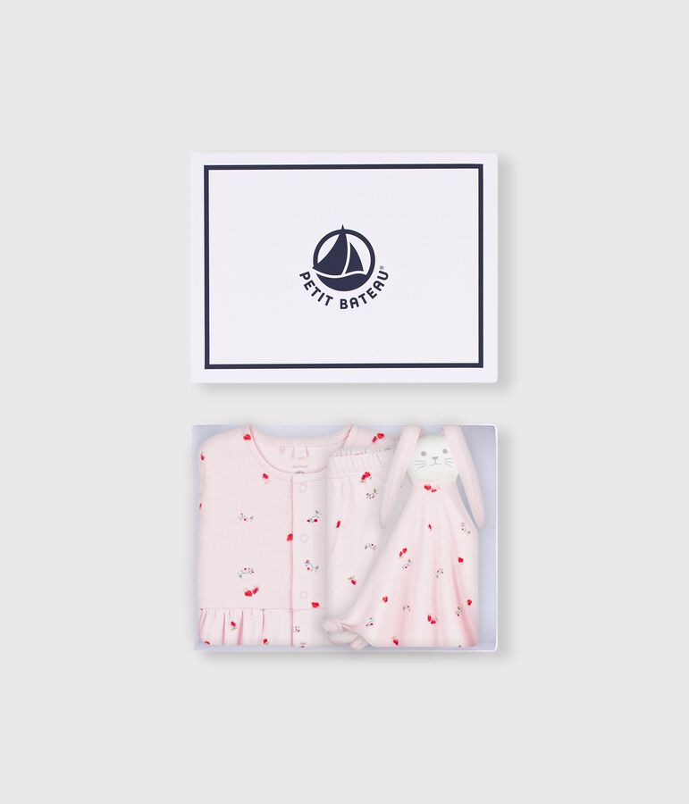 Ensemble cadeau b&eacute;b&eacute; robe et doudou en coton imprim&eacute;s fleurs rose/multicouleur