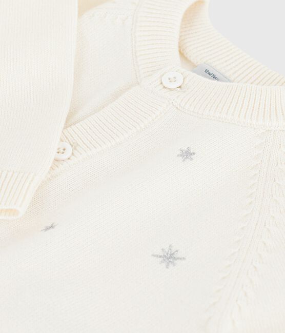 Cardigan bébé en tricot laine et coton brodé d'étoiles blanc MARSHMALLOW/gris ARGENT