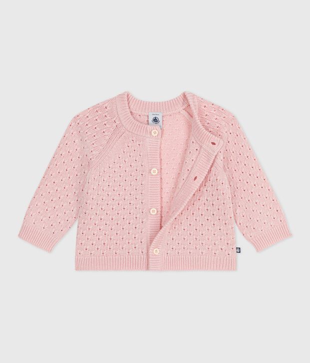 Cardigan b&eacute;b&eacute; en tricot laine et coton uni rose clair