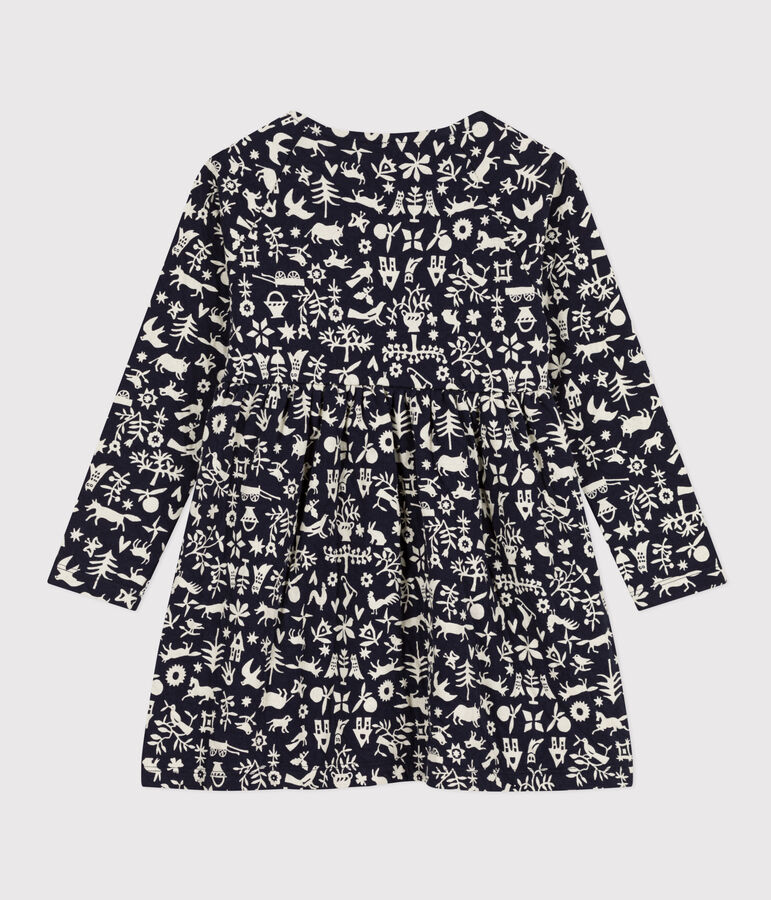 Robe manches longues en tubique imprim&eacute; enfant fille bleu/&eacute;cru