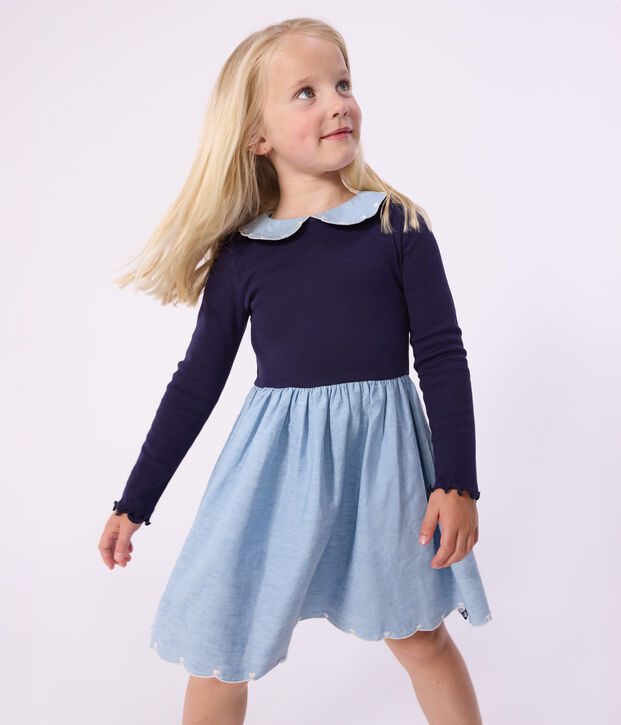 Robe enfant manches longues bi-mati&egrave;re en coton bleu marine