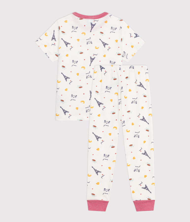 Pyjama enfant en coton manches courtes et jambes longues imprim&eacute; blanc MARSHMALLOW/blanc MULTICO