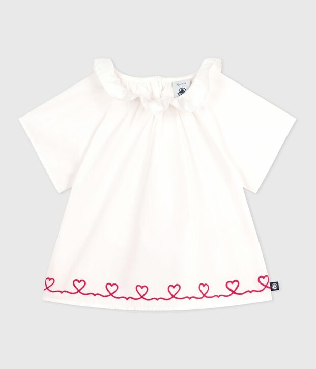 Blouse b&eacute;b&eacute; en popeline de coton manches courtes, brod&eacute;e c&oelig;urs blanc