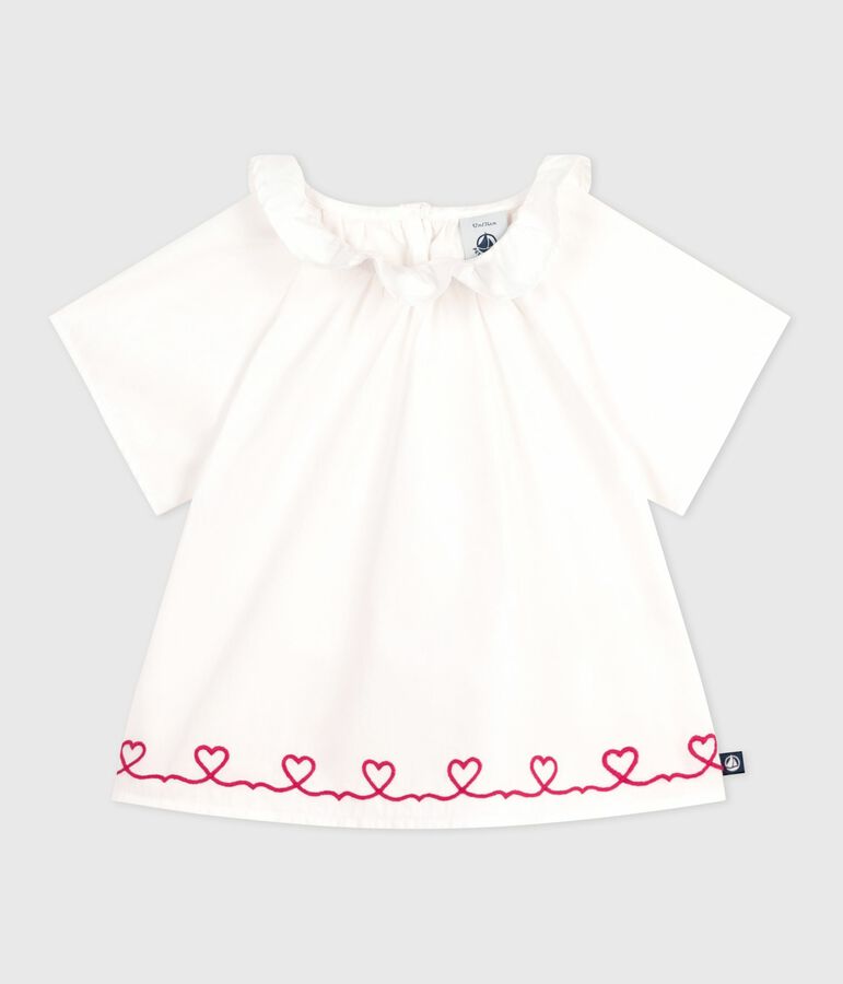 Blouse b&eacute;b&eacute; en popeline de coton manches courtes, brod&eacute;e c&oelig;urs blanc ECUME