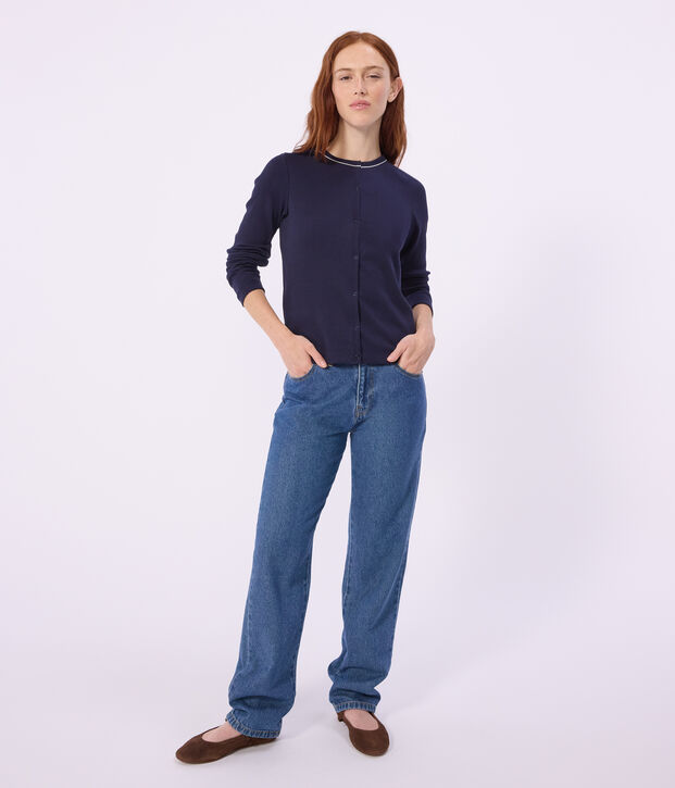 Cardigan femme en coton uni bleu marine