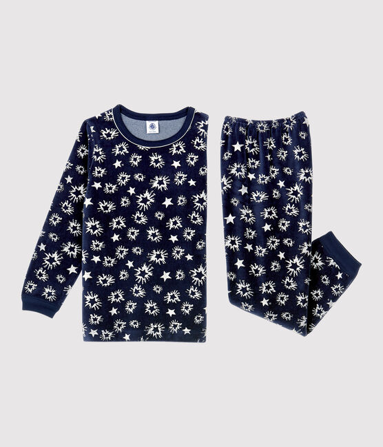 Pyjama imprimé étoiles petit garçon en velours bleu SMOKING/blanc MARSHMALLOW