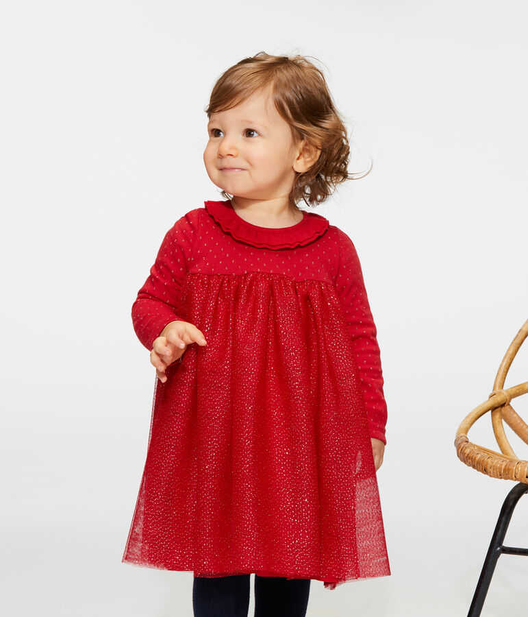 Robe manches longues bi-mati&egrave;re b&eacute;b&eacute; fille rouge/jaune