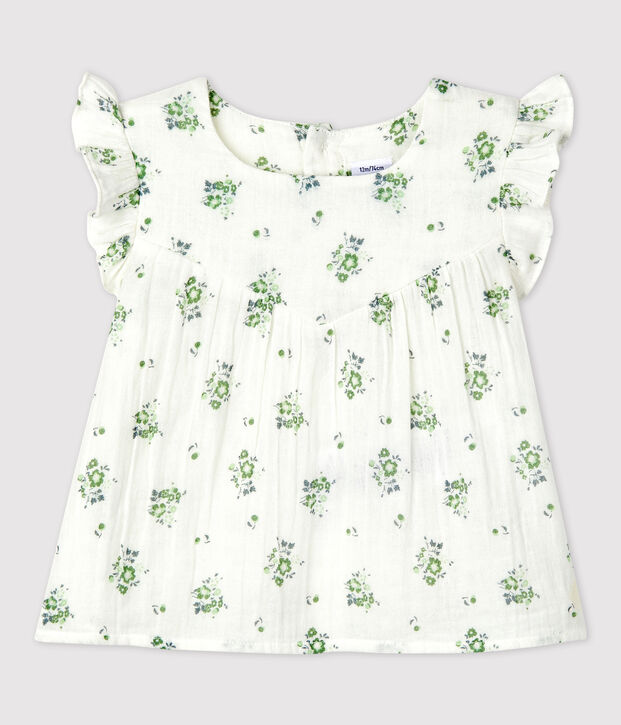 Blouse manches courtes imprim&eacute; fleuri en gaze de coton bio b&eacute;b&eacute; blanc/multicouleur