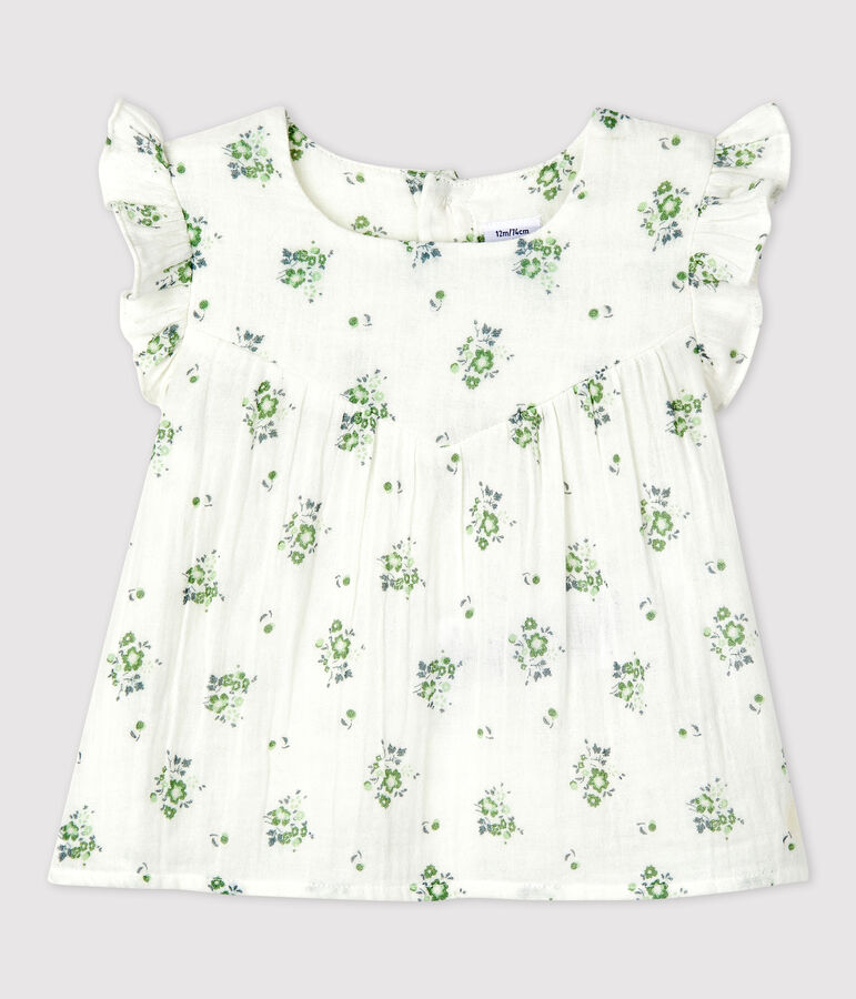 Blouse manches courtes imprim&eacute; fleuri en gaze de coton bio b&eacute;b&eacute; blanc MARSHMALLOW/blanc MULTICO