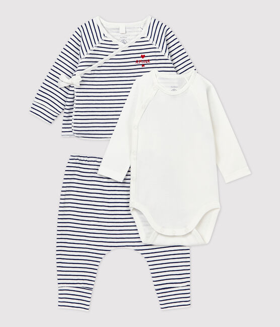 Ensemble 3 pièces rayé bébé en coton biologique blanc MARSHMALLOW/bleu SMOKING