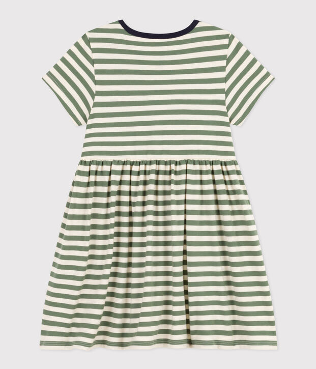 Robe ray&eacute;e manches courtes en coton enfant fille vert/&eacute;cru