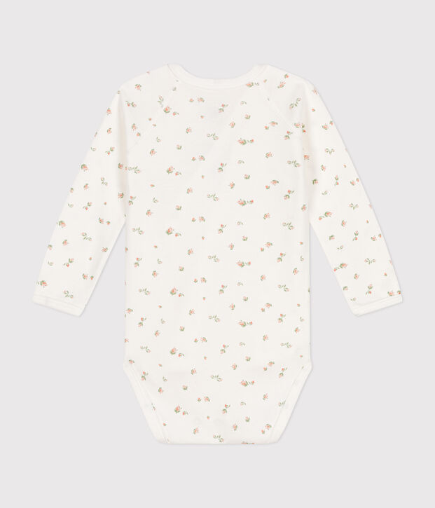 Body crois&eacute; manches longues en coton b&eacute;b&eacute; blanc/rose