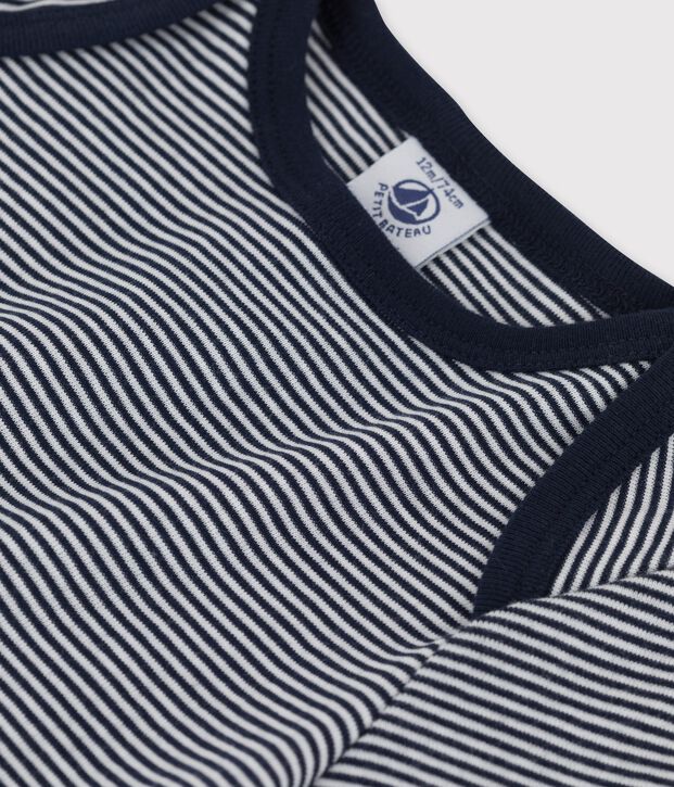 Tee-shirt manches courtes ray&eacute; milleraies en coton bio b&eacute;b&eacute; bleu/blanc