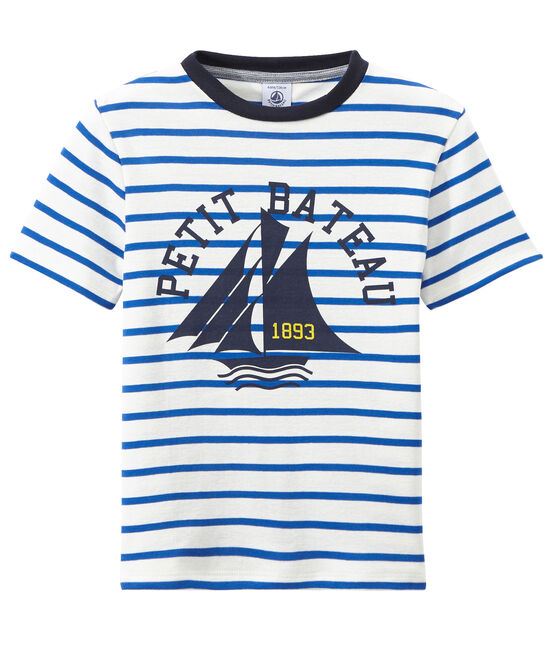 T-shirt garçon rayé et sérigraphié blanc MARSHMALLOW/bleu PERSE