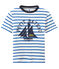 T-shirt garçon rayé et sérigraphié blanc MARSHMALLOW/bleu PERSE