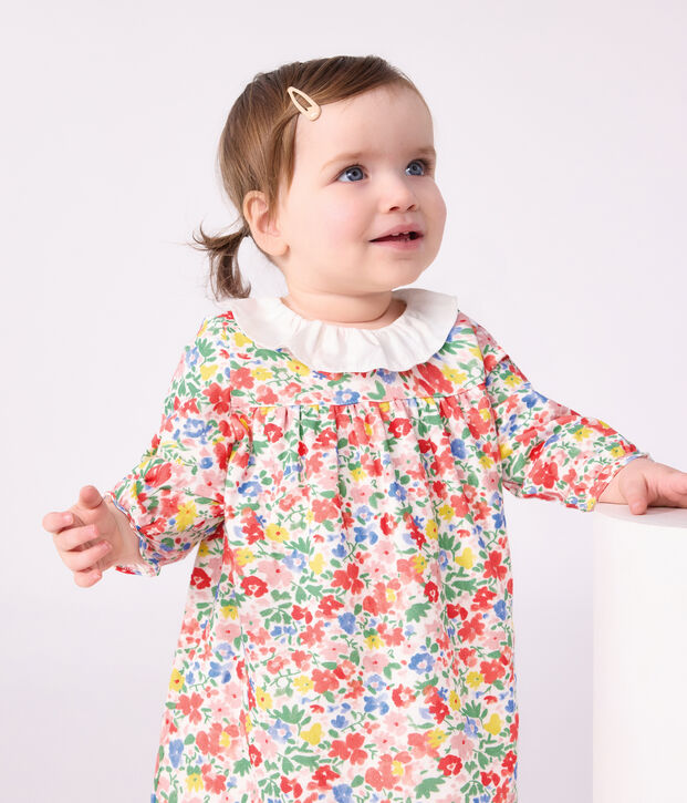 Robe b&eacute;b&eacute; en coton manches longues imprim&eacute;e &agrave; fleurs blanc/multicouleur