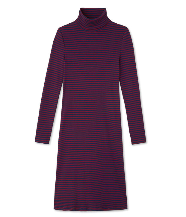 Robe femme ray&eacute;e &agrave; col roul&eacute; en coton ultra light rouge/bleu