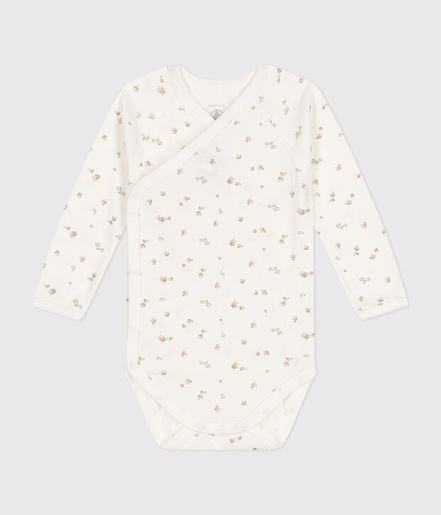 Body crois&eacute; manches longues en coton b&eacute;b&eacute; blanc/rose