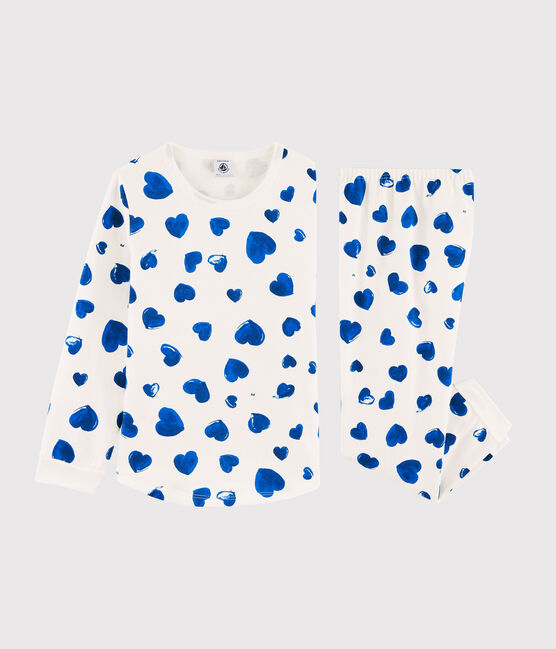 Pyjama cœurs bleus petite fille en molleton blanc MARSHMALLOW/bleu BLEU