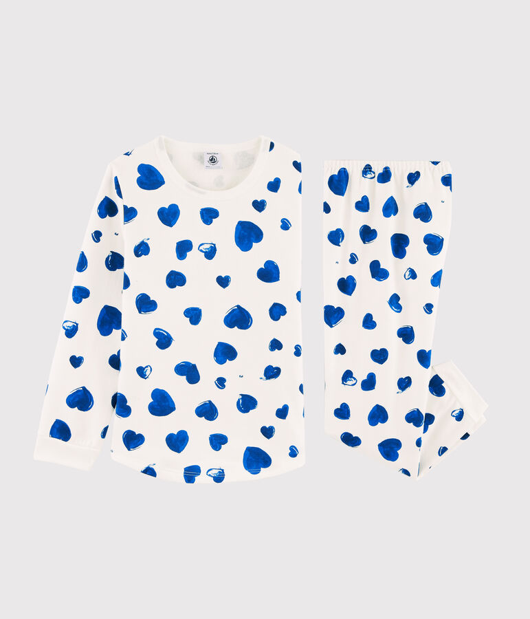 Pyjama c&oelig;urs bleus petite fille en molleton blanc/bleu