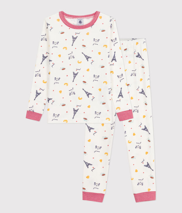 Pyjama enfant en coton tr&egrave;s ajust&eacute; imprim&eacute; blanc/multicouleur