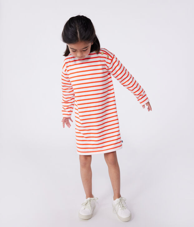 Robe enfant en coton manches longues &agrave; rayures rose/rouge