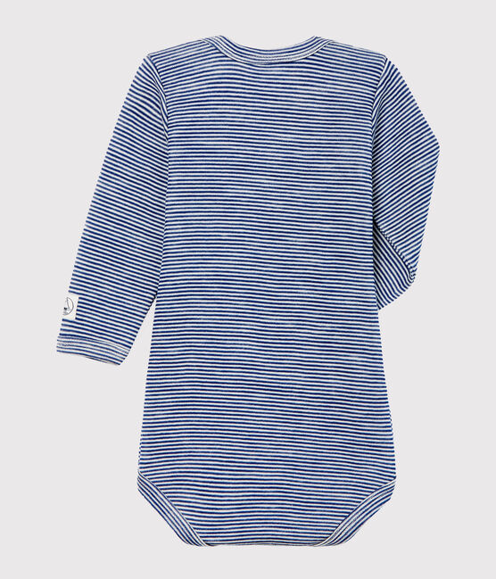 Body manches longues bébé en laine et coton bleu MEDIEVAL/blanc MARSHMALLOW