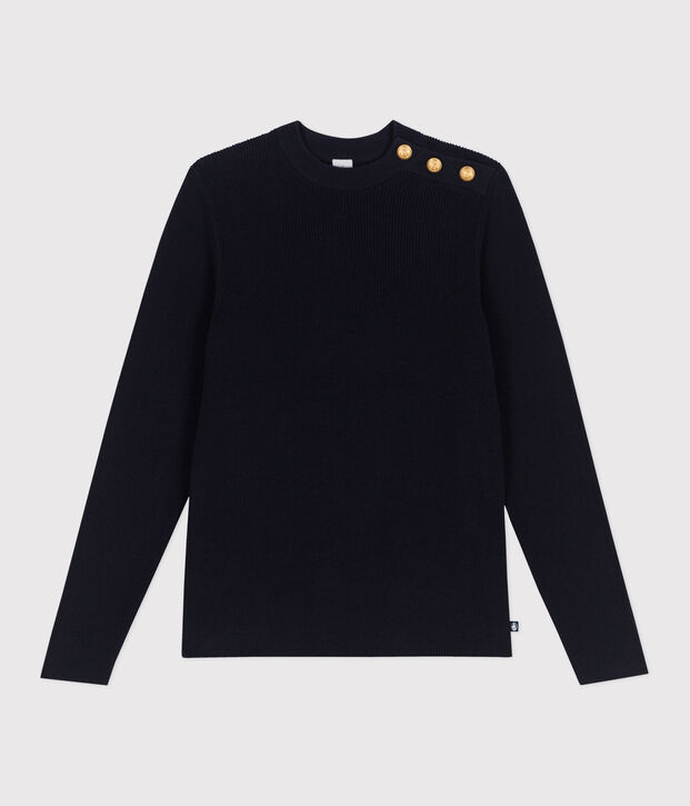 Pull marin femme en coton uni bleu marine