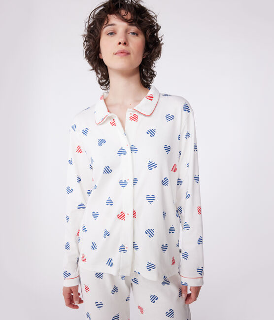Pyjama femme en coton boutonné imprimé cœurs blanc MARSHMALLOW/blanc MULTICO
