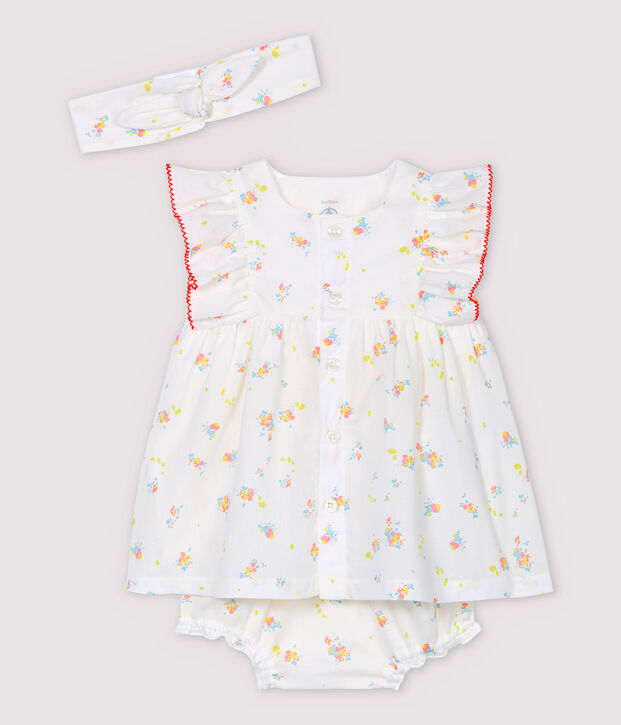 Robe sans manches avec bloomer et bandeau b&eacute;b&eacute; fille en popeline de coton biologique blanc/multicouleur