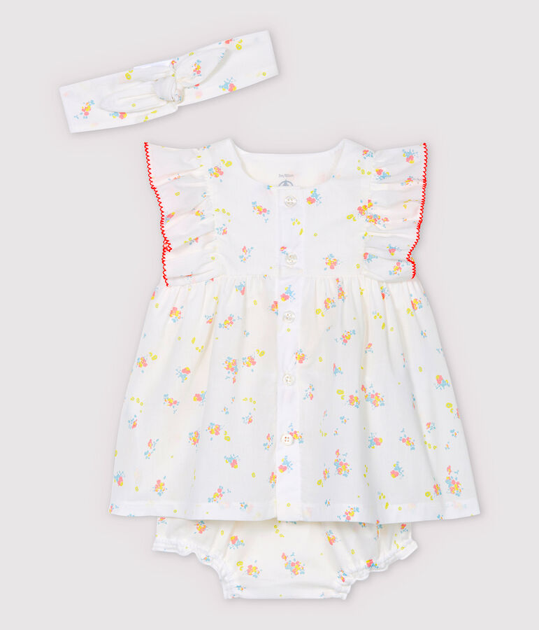 Robe sans manches avec bloomer et bandeau b&eacute;b&eacute; fille en popeline de coton biologique blanc MARSHMALLOW/blanc MULTICO