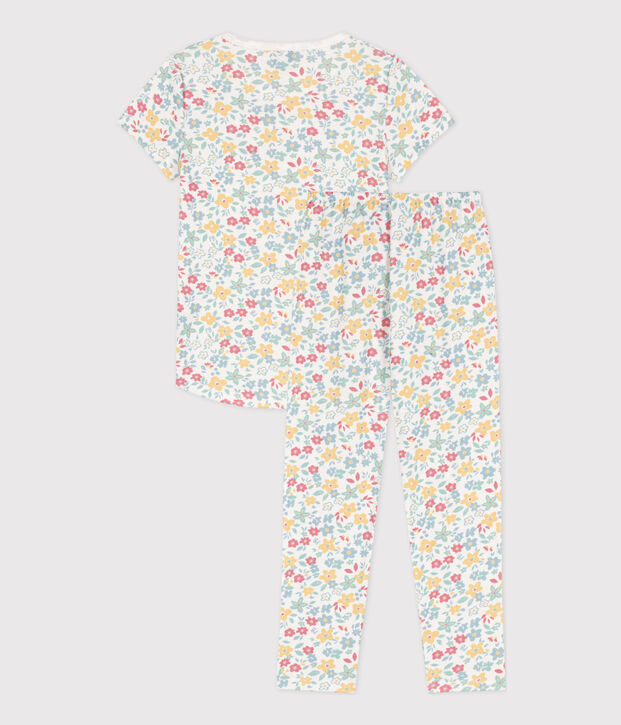 Pyjama manches courtes fleurs en coton petite fille blanc/multicouleur