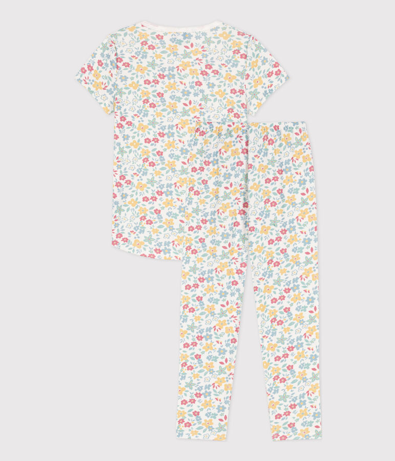 Pyjama manches courtes fleurs en coton petite fille blanc MARSHMALLOW/blanc MULTICO